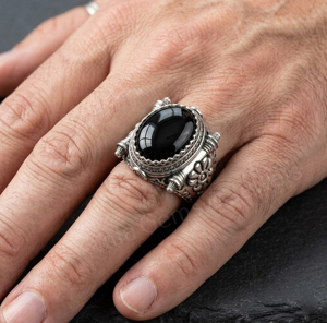 Men's 925 <b>Silver</b> <b>Silver</b> Signet Ring With 10x14mm Oval Black Onyx Gemstone Vintage Floral Pattern Bezel Setting For Everyday Wear - Product Image 4