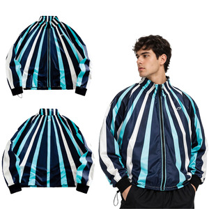 Trendy Black Blue Lightweight Nylon Men’s Windbreaker <b>Jacket</b> Vertical Stripe Streetwear <b>Zip</b> <b>Up</b> custom windbreaker manufacturer - Product Image 1
