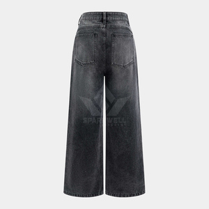 Jean en denim noir délavé pour femme, coupe large, taille haute, décontracté, avec poches plaquées, longueur intégrale, style tendance - Product Image 2