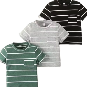 Boys' Summer Fashion Trendy Comfortable Black Gray and Green Striped Round Neck Short Sleeve Shirt 3pcs Set Favorite Photos - Product Image 1