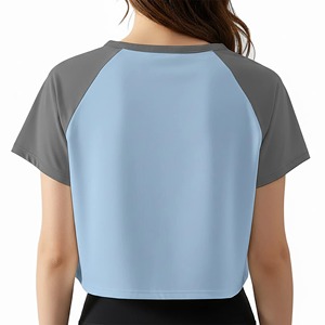 Women's Cropped Raglan Sleeve T-Shirt Solid Color Block Quick Dry Sporty Loose Fit O-Neck Short Sleeve Summer <b>Top</b> - Product Image 2