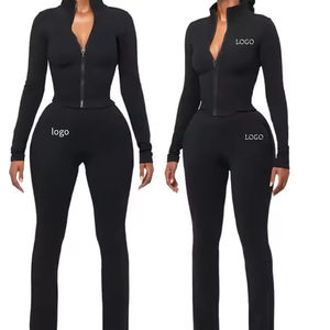 Ensemble de sport 2 pièces pour femme, extensible, sans couture, à manches longues, avec sweat à capuche, en Spandex/Nylon, vente en gros - Product Image 2