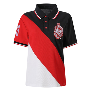 Camiseta Polo Personalizada DST Sorority para Mujer, Diseño de Bloques de Color Diagonales en Negro y Rojo, Escudo Bordado - Product Image 1