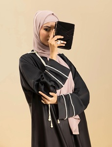 Conjunto de Abaya Informal para Mujeres Musulmanas, Ligero, Transpirable, de Poliéster, Moderno, para Uso Diario, Color Negro, Textura Nida, con Cuentas, Corte Holgado - Product Image 2