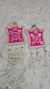 Handmade Pink <b>Fabric</b> <b>Wall</b> Hanging with Swastik Design and Pearl Tassels 2Pcs Traditional Diwali Decorative Accents Bohemian - Product Image 5