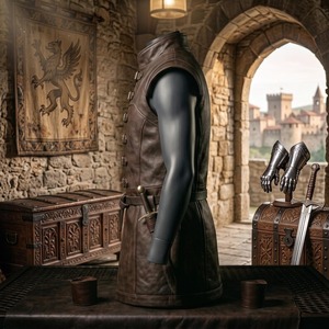 Chaleco Túnica Medieval de Cuero Marrón para Hombre, Disfraz de Guerrero Hecho a Mano con Cierres de Hebilla, Cinturón y Bolsa - Product Image 3