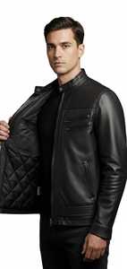 Chaqueta de Motociclista de Cuero Negro Ecológico para Hombre, Estilo Urbano, Cuello Alto, Cierre de Cremallera, Corte Ajustado, Largo Regular, Otoño Invierno - Product Image 2