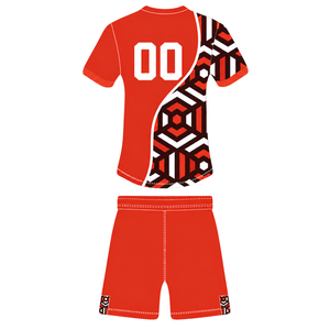 Conjunto de Camiseta y Pantalones Cortos de Rugby Geométricos en Rojo Brillante, Negro y Blanco, Cuello Redondo, Manga Corta, Personalizable, Transpirable, para Entrenamiento Deportivo en Equipo - Product Image 2