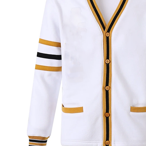 Custom Alpha White Fraternity <b>Cardigan</b> Gold <b>Black</b> Trim Front Button Full Sleeve Men's Fleece V-Neck College Wear for Bulk Buyer - Product Image 6