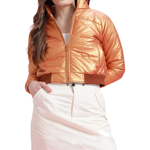 Veste matelassée pour femme, orange, col montant, manches longues, fermeture éclair, longueur courte, couleur unie, rembourrage en polyester, pour l'automne - Product Image 1