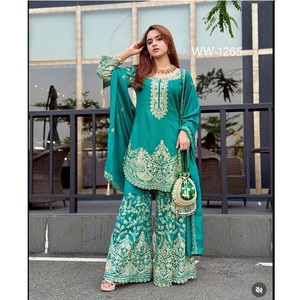 Conjunto de Kurta y Palazzo de Seda Chinnon Bordada con Lentejuelas, Manga Larga, para Fiestas, Traje Étnico Indio para Mujer - Product Image 1