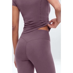 <b>Women</b> Yoga Set <b>Short</b> Sleeve Crew Neck Top High Waist Full Length <b>Leggings</b> Solid Color 2 Piece Workout Outfit - Product Image 3