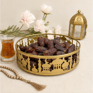 Stylish <b>Gold</b> Metal Ramadan <b>Serving</b> <b>Tray</b> Laser Cut Mosque Design Eid Mubarak Food Plate Islamic Table Decoration for Home Party - Product Image 6