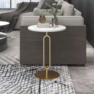Ethinic Modern <b>Round</b> <b>White</b> Marble Side <b>Table</b> with Gold Metal Loop Pedestal Base Living Room Coffee <b>Table</b> - Product Image 1