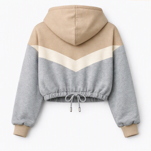 Sudadera con Capucha Corta para Mujer, Diseño Color Block, con Logotipo Bordado en la Parte Delantera, Manga Regular, Estilo Casual para Otoño, Gris Beige, Tejido de Punto - Product Image 3