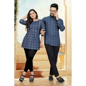 CAMISA DE TRABAJO DE HILO DE ALGODÓN DE LINO DE TENDENCIA CON PAREJA TOP AZUL - Product Image 1