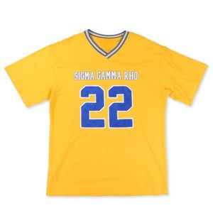 เสื้อยืดฟุตบอลเชนิลล์ไซส์ใหญ่พิเศษลาย Sigma Gamma Rho สีทอง สำหรับทุกเพศ เสื้อผ้าชมรมกรีก สไตล์กีฬาพรีเมียมลำลอง - Product Image 1