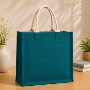 Teal Jute Tote <b>Bag</b> With Gold Leaf Embroidery <b>Medium</b> <b>Size</b> Daily Shopping <b>Bag</b> - Product Image 6