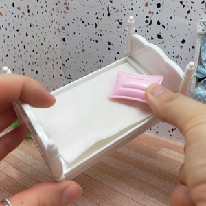 Adorable Miniature Dollhouse Bed Set with Classic White <b>Frame</b> Soft Cream Mattress Tiny <b>Pink</b> Pillow Perfect Scene - Product Image 6