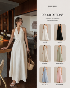 Robe longue élégante pour femme, style bohème, 100 % coton, col halter, col en V, sans manches, unie, coupe trapèze, confortable pour les vacances - Product Image 4