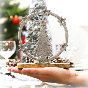 Support de bougie chauffe-plat pour sapin de Noël avec base en bois, décoration de table de Noël, support de bougie chauffe-plat en métal argenté pour la maison - Product Image 4