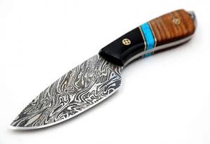 High contrast acid <b>etched</b> twist damascus steel prep Utility <b>Tool</b> Black Horn ,Turquoise Stone & Natural Wood Handle - Product Image 2