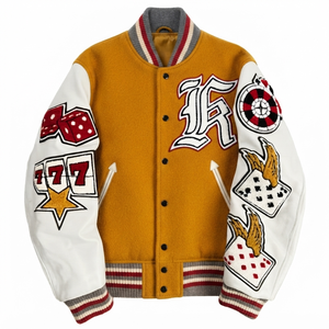 Blouson universitaire rouge pour homme avec broderie dés 777 et patchs cartes – Tenue décontractée pour l'automne - Product Image 4