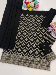 Costume Anarkali en coton brodé noir avec dupatta, tenue traditionnelle indienne et pakistanaise, longueur cheville, coupe régulière, pour femmes - Product Image 2