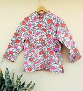 Beautiful Peach Floral 100% Cotton Handmade Reversible <b>Light</b> <b>Weight</b> Quilted Short <b>Jacket</b>,WomenWear NewStyle Coat PartywearJacket - Product Image 3