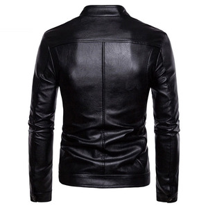 Blouson de motard en cuir PU noir pour homme, coupe ajustée, style moto, fermeture éclair, couleur unie, col montant, manches classiques, pour l'automne - Product Image 4