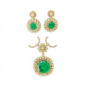 Ensemble de pendentif et boucles d'oreilles Polki en or vert émeraude 22 carats, bijoux de mariée traditionnels indiens, disponible en OR/ARGENT/BRASS - Product Image 1