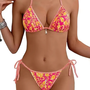 Regular Fit Women's Halter Neckline Floral Pattern Spandex/Nylon Bikini Set with <b>V</b>-<b>Strings</b> Bottom and 2-Piece Beachwear - Product Image 1