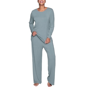 Pijamas de Manga Larga para Mujer, OEM, Spandex/Algodón, Tejido Transpirable, Suave, con Cordón Ajustable, Trajes de Dormir Sólidos para Invierno - Product Image 4