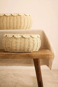 Cesta redonda festoneada de fibra natural de algas marinas, decorativa, ecológica, para decoración del hogar, elegante, minimalista, estilo boho. - Product Image 6