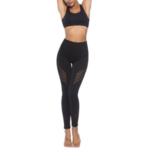 Black Yoga Set High Waist Full Length Leggings <b>Crop</b> <b>Top</b> 2 Piece Racerback Solid Color <b>Mesh</b> Breathable - Product Image 1
