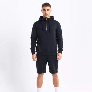 Conjunto de Sudadera con Capucha Negra para Hombre con Pantalones Cortos a Juego, Conjunto Informal de Color Sólido de Algodón Tejido para Otoño - Product Image 1