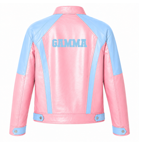 เสื้อแจ็คเก็ตหนังชมพูฟ้าปักโลโก้แกมมา ไพ เดลต้า ซอร์โรริตี้ สไตล์ลำลองสำหรับผู้หญิงบุโพลีเอสเตอร์ - Product Image 3