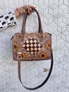 New <b>Unique</b> Designer Hand Tooled Carving Leather Speedy Handbag Gypsy Boho Floral Chess Pattern Western Stylish Women Uses Ba - Product Image 5