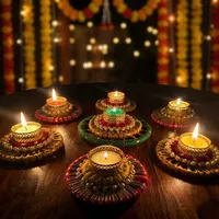 Ensemble de porte-bougies Diya en perles multicolores, écologiques, durables, artisanaux, plateau décoratif Rangoli, pour Diwali, mariage, festival, maison
