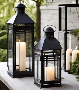 Elegant tabletop metal <b>candle</b> <b>lantern</b> with glass enclosure for safe lighting and beautiful home decoration ambiance - Product Image 4