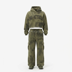 Custom Women Olive Green Acid Wash <b>Cropped</b> Hoodie Cargo <b>Jogger</b> Set Cotton Fleece Streetwear Tracksuit OEM Wholesale - Product Image 4