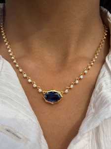 14K 18K Solid Gold Oval Blue Gemstone <b>Statement</b> <b>Necklace</b> Single Line Tennis Choker <b>Necklaces</b> Big Center Stone Custom Wholesale - Product Image 3