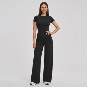 Custom Logo Plus Size Women's Solid <b>Black</b> High Waisted Butt Scrunch Yoga 2-Piece Set Sexy <b>Leggings</b> & T-Shirt - Product Image 4