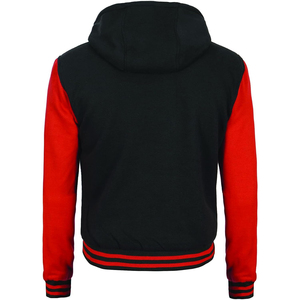 <b>Men's</b> Black Red Color Block Varsity <b>Jacket</b> Hooded Casual Cotton Polyester Sleeve Regular Fit Autumn Wear - Product Image 3