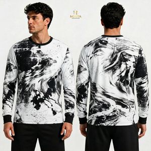 เสื้อสเวตเชิ้ตคอกลมแขนยาวผู้ชาย ลายกราฟิกสีดำขาวแบบอินค์มาร์เบิล คอนทราสต์สูง ผ้าฟลีซ พิมพ์ลายแบบซับลิเมชั่นทั่วตัว - Product Image 1
