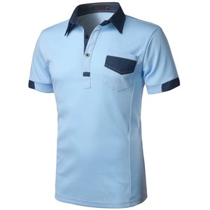 <b>Men's</b> Light Blue Short Sleeve <b>Polo</b> <b>Shirt</b> With <b>Pocket</b> Color Blocked Casual Woven Oxford Fabric Regular Fit - Product Image 2
