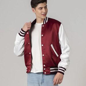 Chaqueta Varsity de Satén Personalizada para Hombre, Estilo Casual, Chaqueta Bomber con Cuello y Puños a Rayas, Botones a Presión, Estilo Urbano - Product Image 3