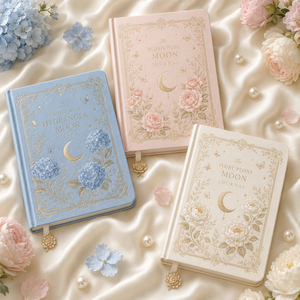LABON Custom Powder Blue Hydrangea Moon Journal Celestial Gold Foil Leather Hardcover Aesthetic <strong>Dotted</strong> Grid <strong>Notebook</strong> Wholesale - Product Image 2