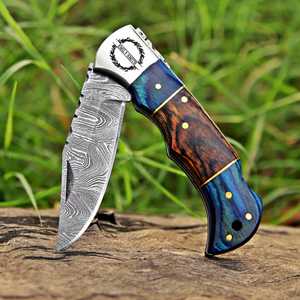 Couteau de poche pliant en acier Damas, vente en gros, fournisseur en vrac, couteau de chasse EDC à verrouillage, personnalisation de marque, distributeur, manche en bois - Product Image 2