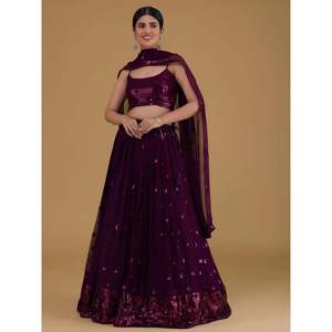 Purple <b>Sequins</b> Georgette Sangeet Lehenga Choli with Crystal Beading & Appliques - Product Image 1